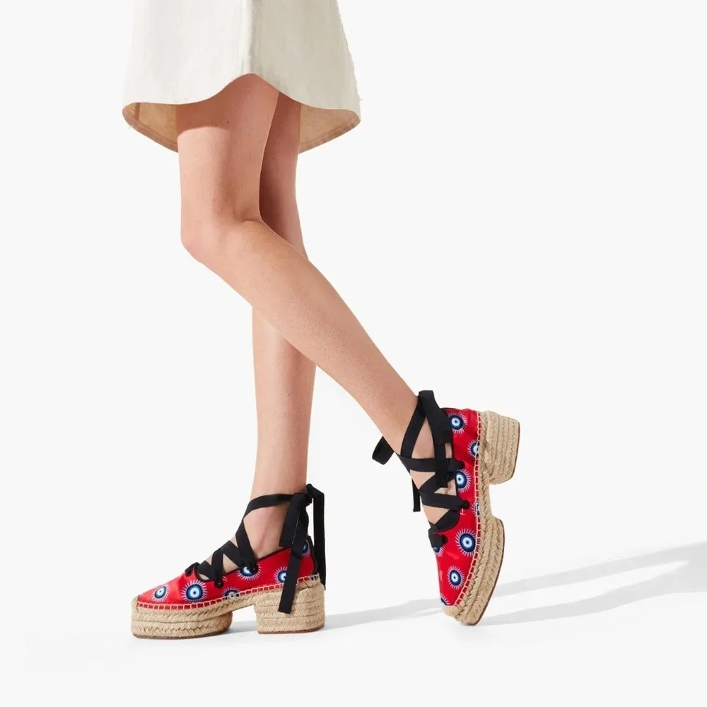 Christian Louboutin Red Espadrilles Evil Eye Platform Lace Up 9 39.5 Resort 🟡